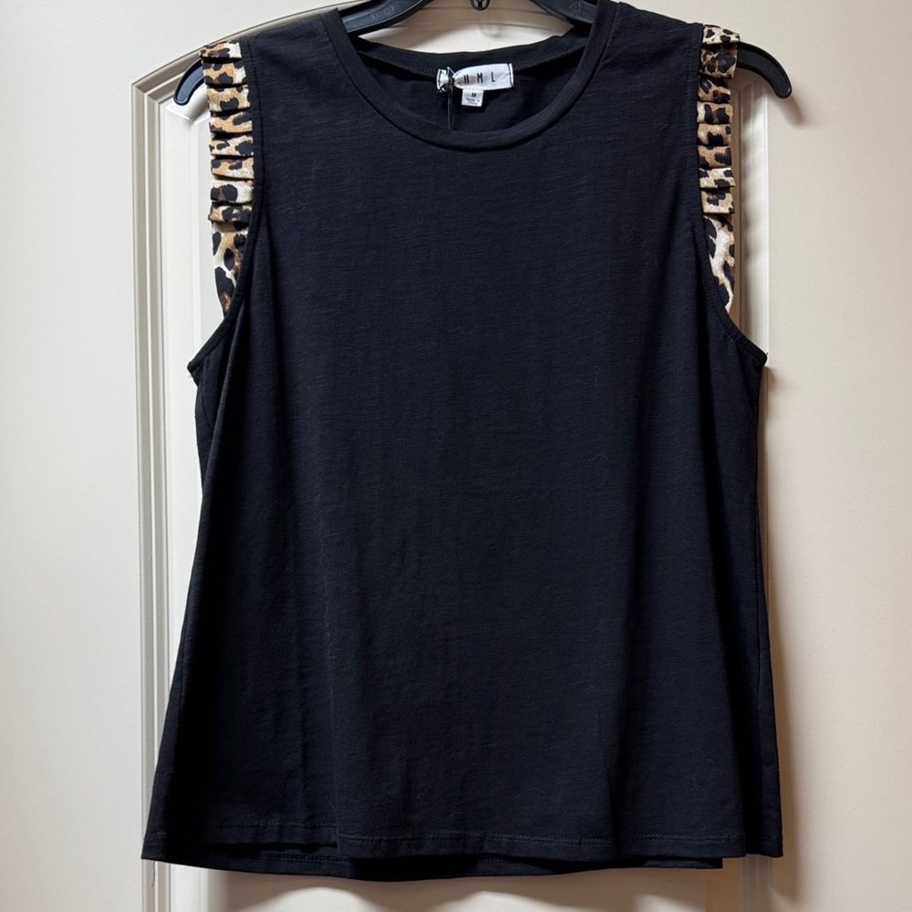 THML Black Tank Top with Animal Print Trim
